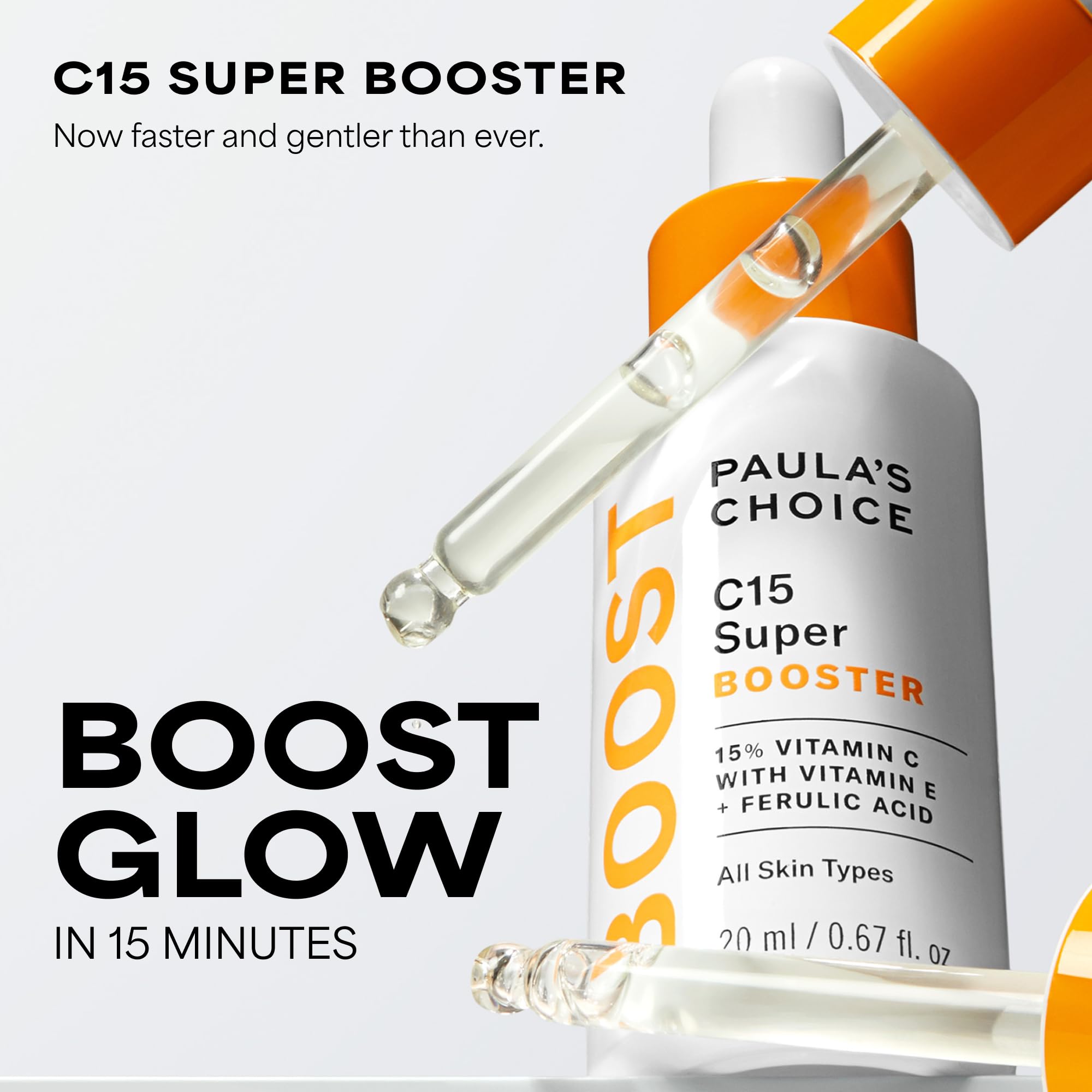 Paula's Choice open bottle with droplet highlighting purity and antioxidant boost