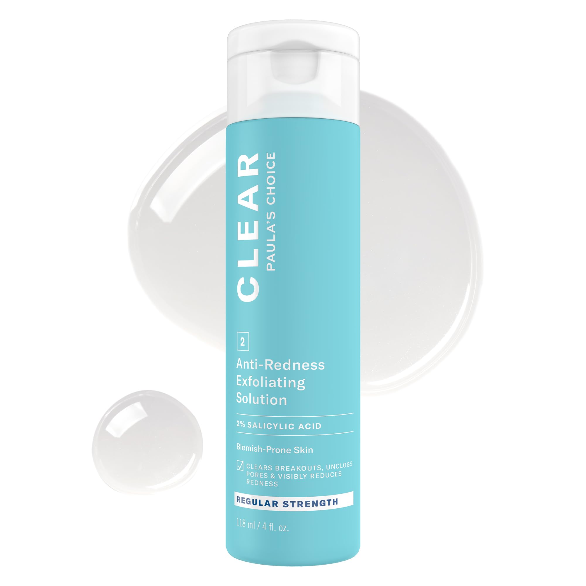 Paula's Choice bottle front view showing clear exfoliant and easy-pour cap for convenience