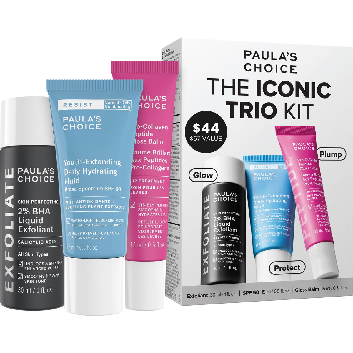 Paula's Choice trio front packaging showing kit contents and clean design benefit: convenient set