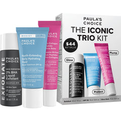 Paula's Choice trio front packaging showing kit contents and clean design benefit: convenient set