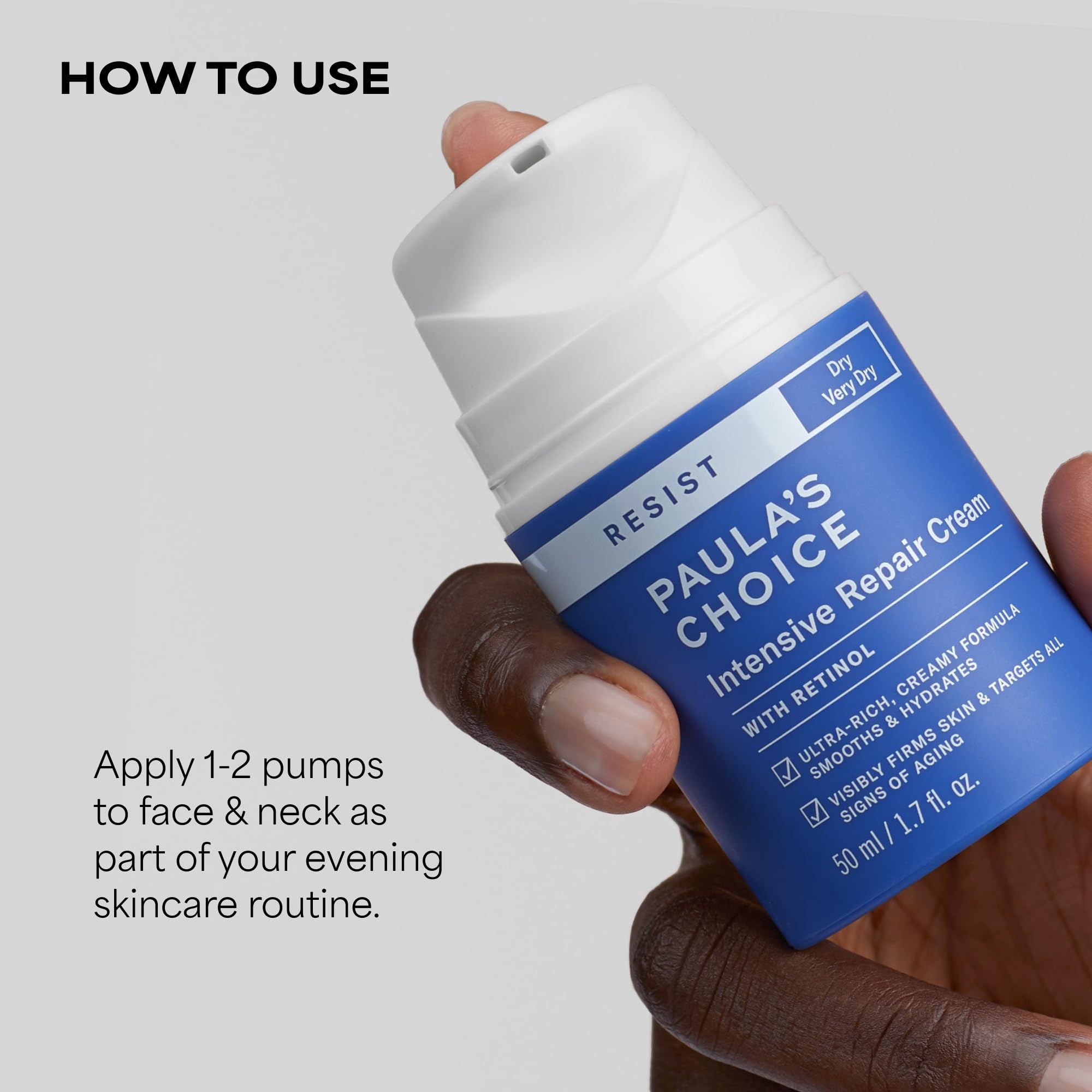 Paula's Choice moisturizer dispensed on hand illustrating easy application and absorption