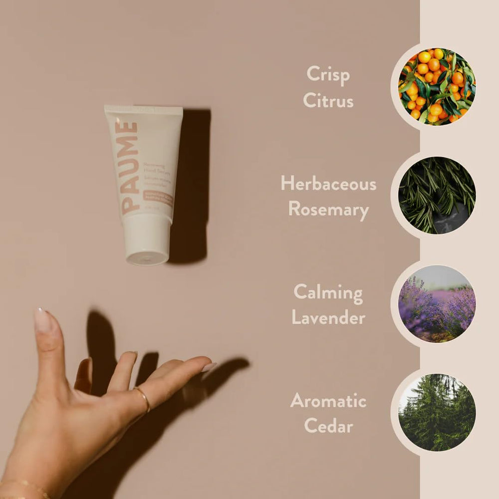 PAUME ingredient flatlay with hyaluronic acid, niacinamide, vitamin C benefits