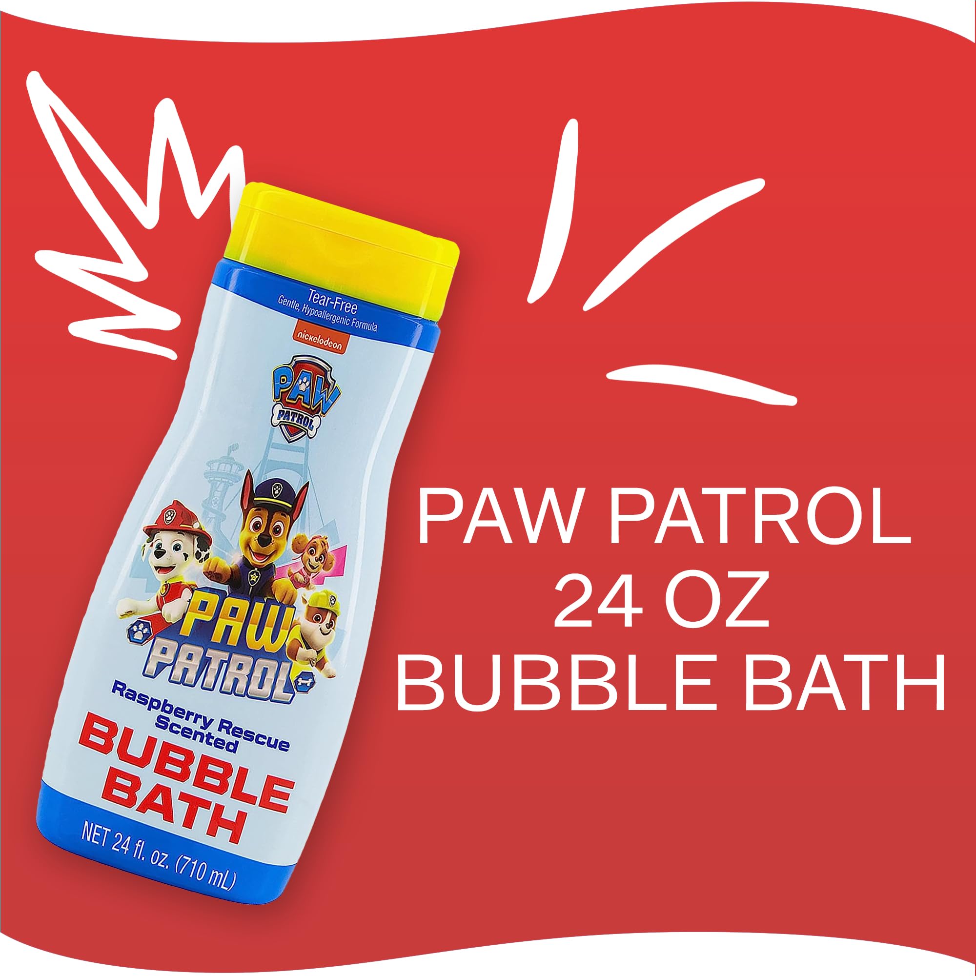 Paw Patrol bottle beside kids enjoying bubbly bath for safe playful routines