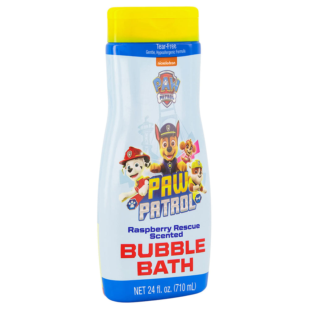 Paw Patrol pouring raspberry-scented bubble bath to create instant foam for play