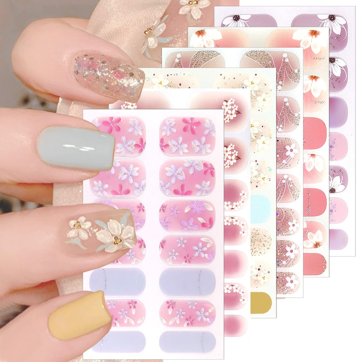 PBPCGBW front packaging showing six floral nail sticker sheets and benefits of variety