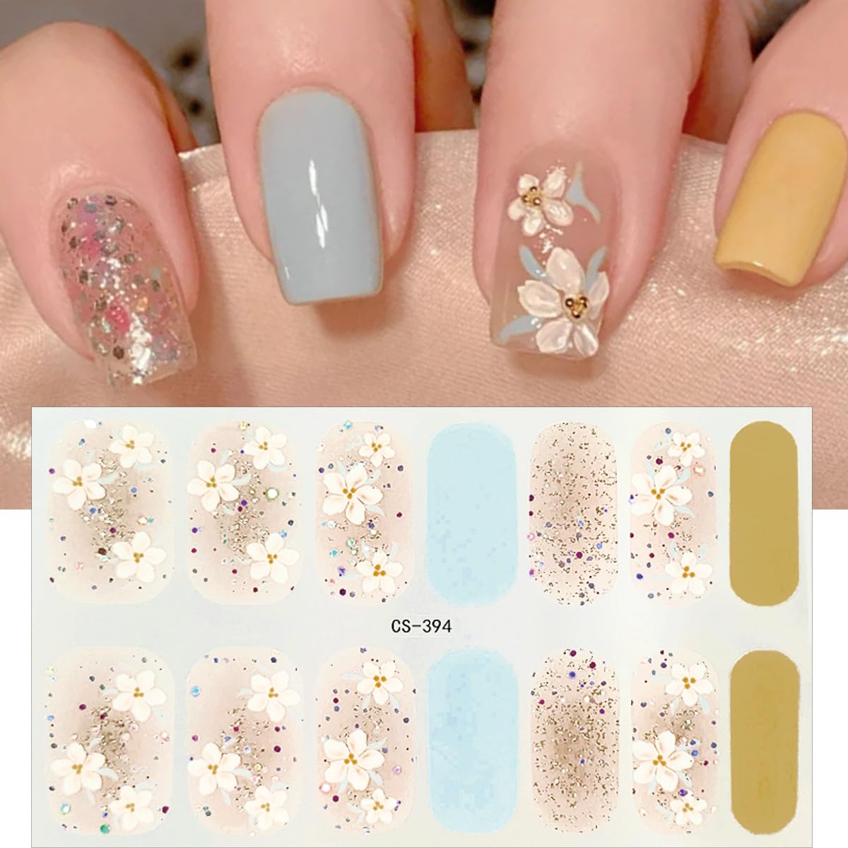 PBPCGBW sheet beside fingers showing size and how full-wrap strips cover nails
