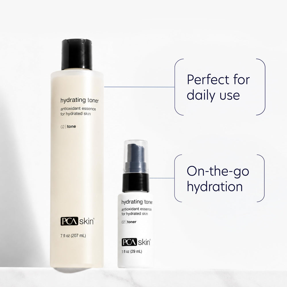 PCA SKIN hydrating toner with evening primrose ingredient display showing soothing antioxidant support