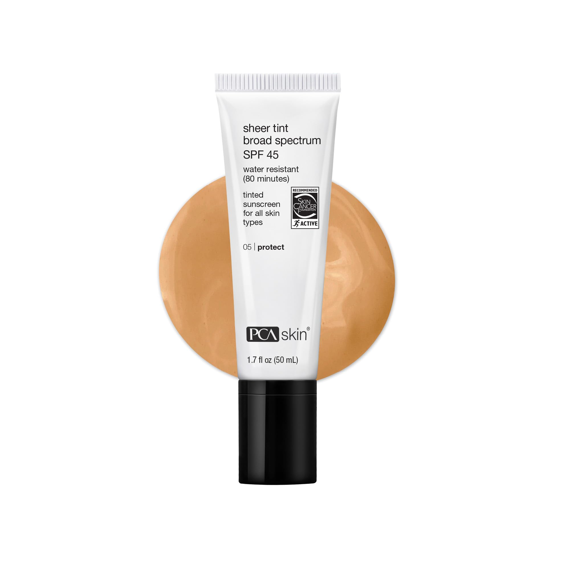 PCA SKIN tube front view showing SPF 45 protection and packaging benefit
