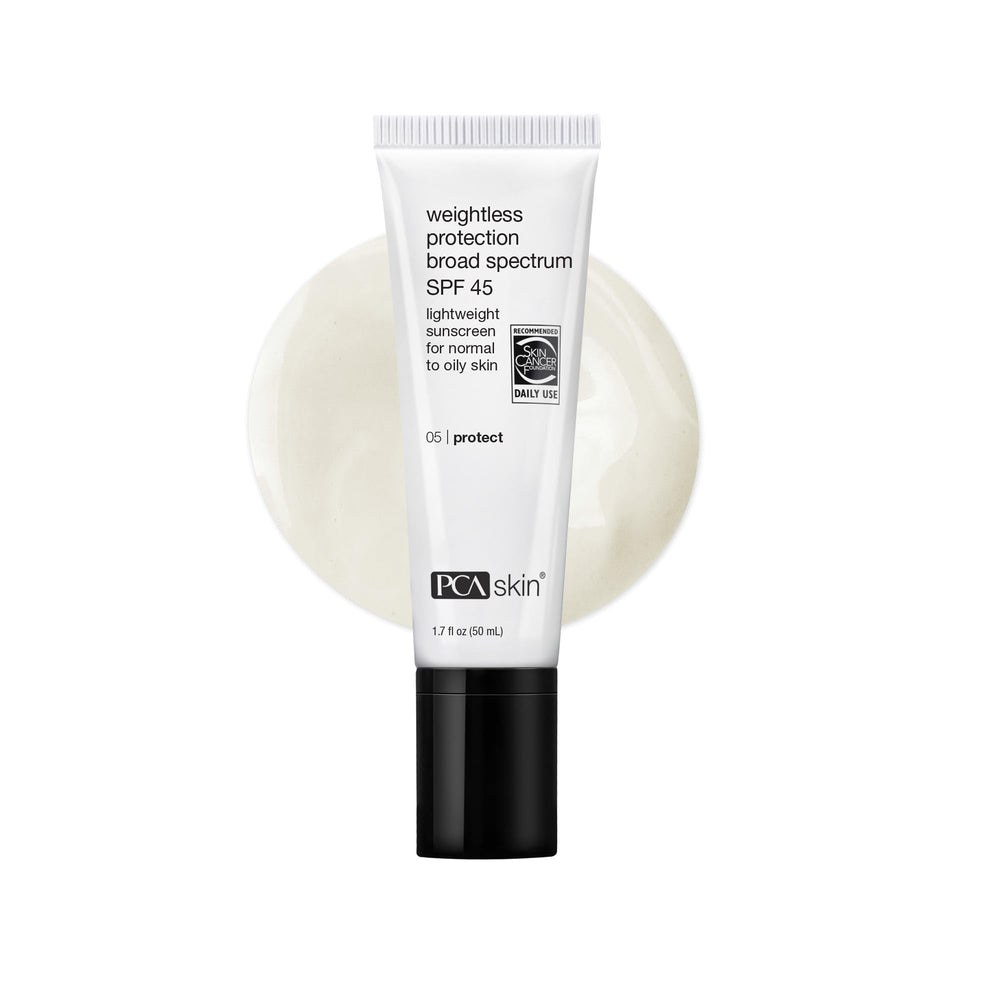 PCA SKIN front packaging showing SPF 45 protection and lightweight benefit