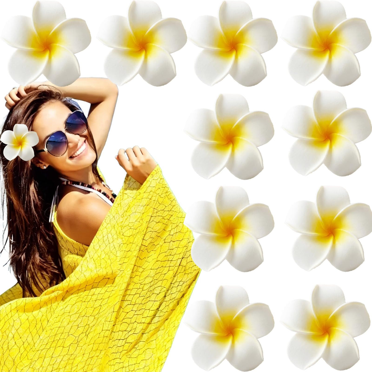 PcwBcn front packaging showing ten colorful plumeria clips, easy selection benefit