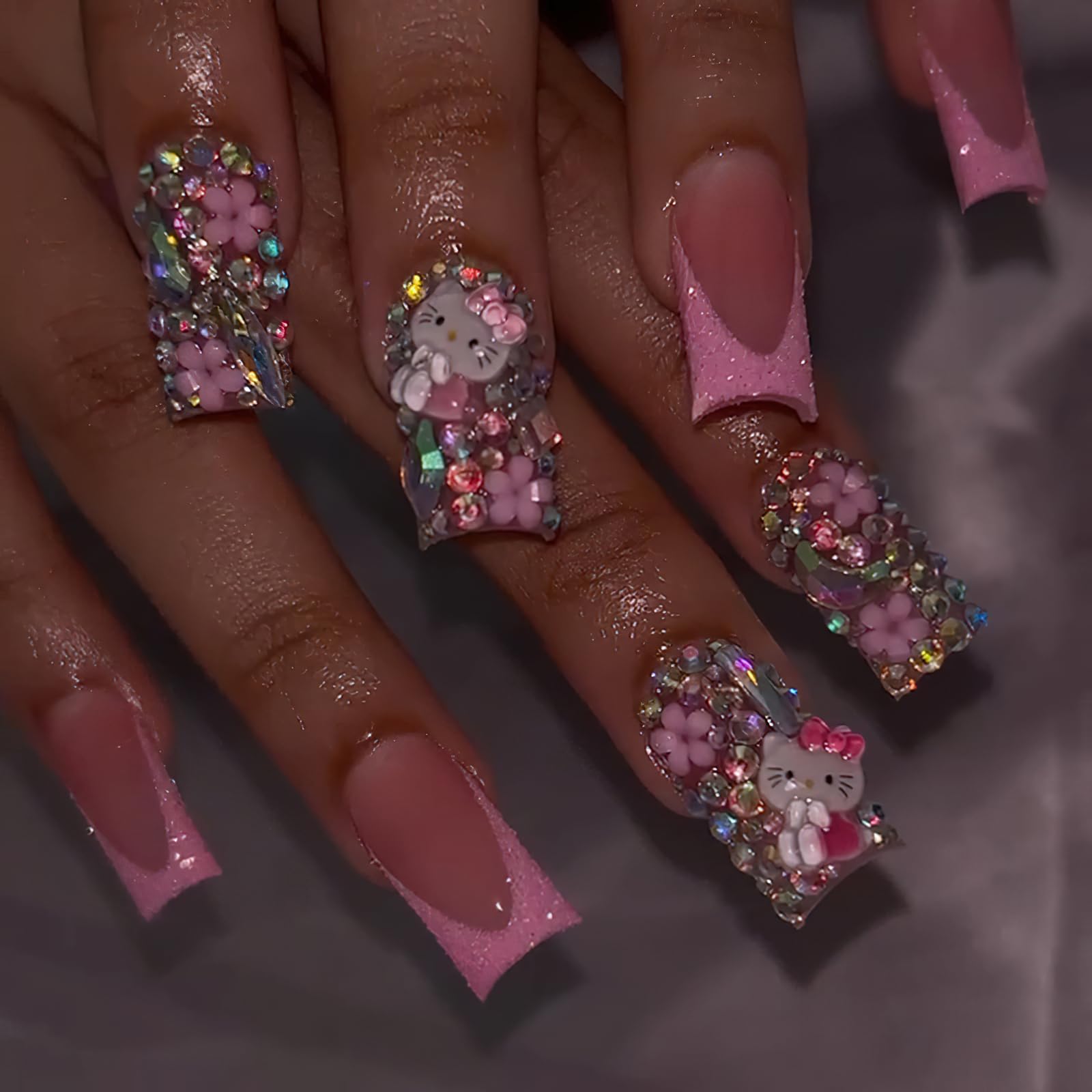 PDFADSK front view of pink glitter French tip nails showing full-cover elegance