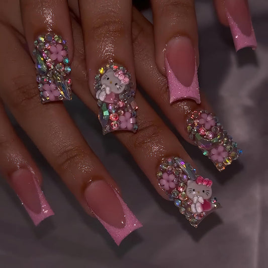 PDFADSK front view of pink glitter French tip nails showing full-cover elegance