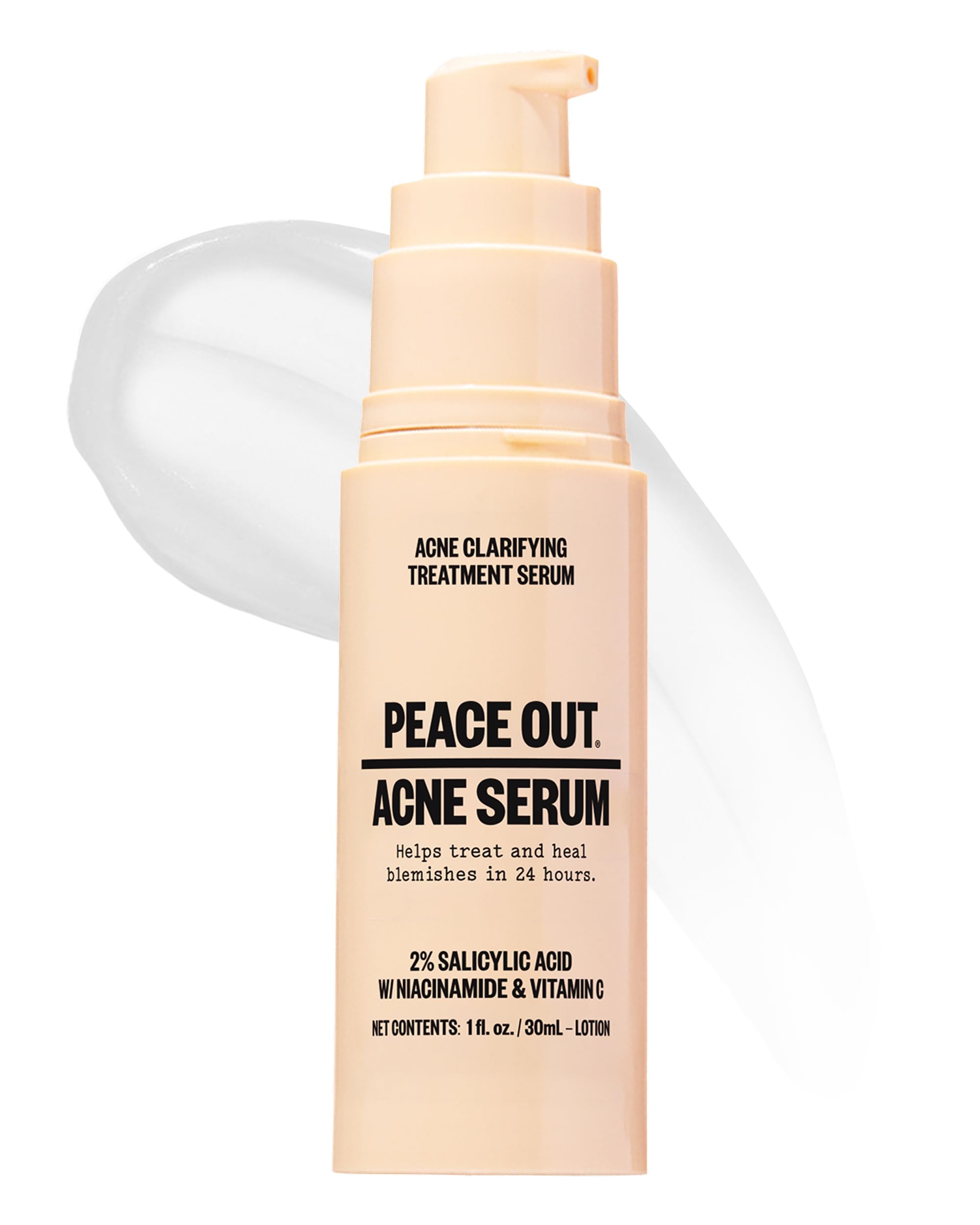 PEACE OUT front bottle showing clean acne serum packaging and easy identification