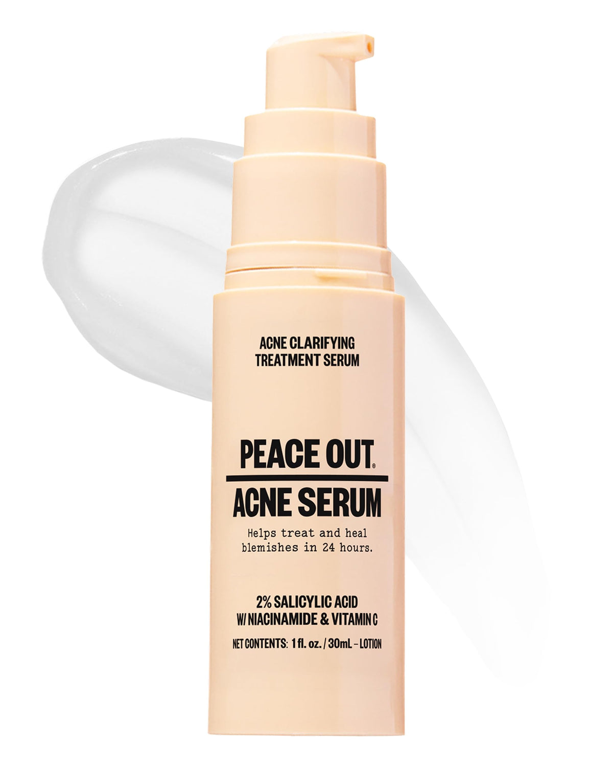 PEACE OUT front bottle showing clean acne serum packaging and easy identification