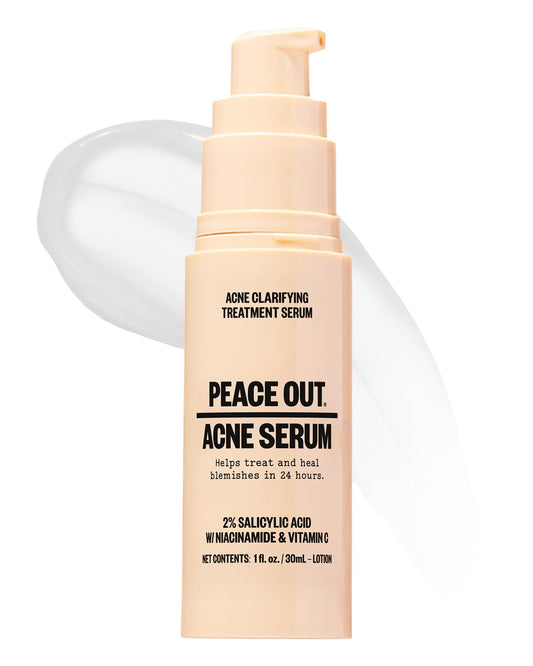 PEACE OUT front bottle showing clean acne serum packaging and easy identification