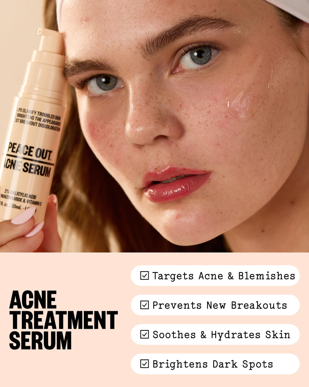 PEACE OUT pump dispensing gel texture highlighting fast-absorbing formula benefits