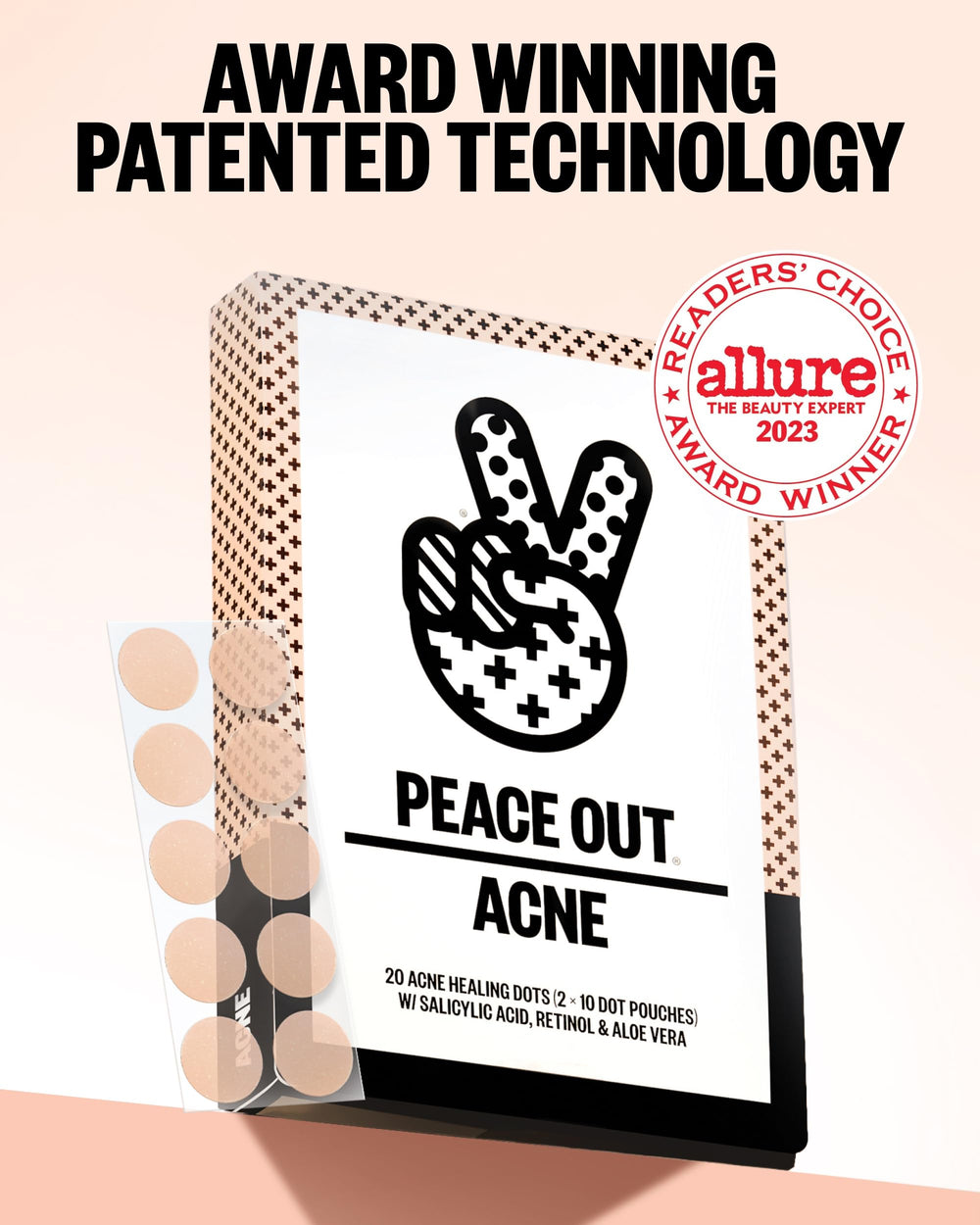 PEACE OUT patch beside a finger showing size and discreet scale