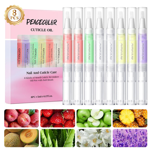 PEACECOLOR front packaging showing eight scented cuticle oil pens, convenient travel kit benefit