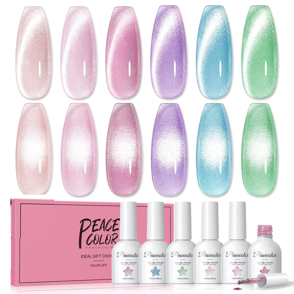 PEACECOLOR front packaging showing six cat eye gel bottles, clear kit benefit