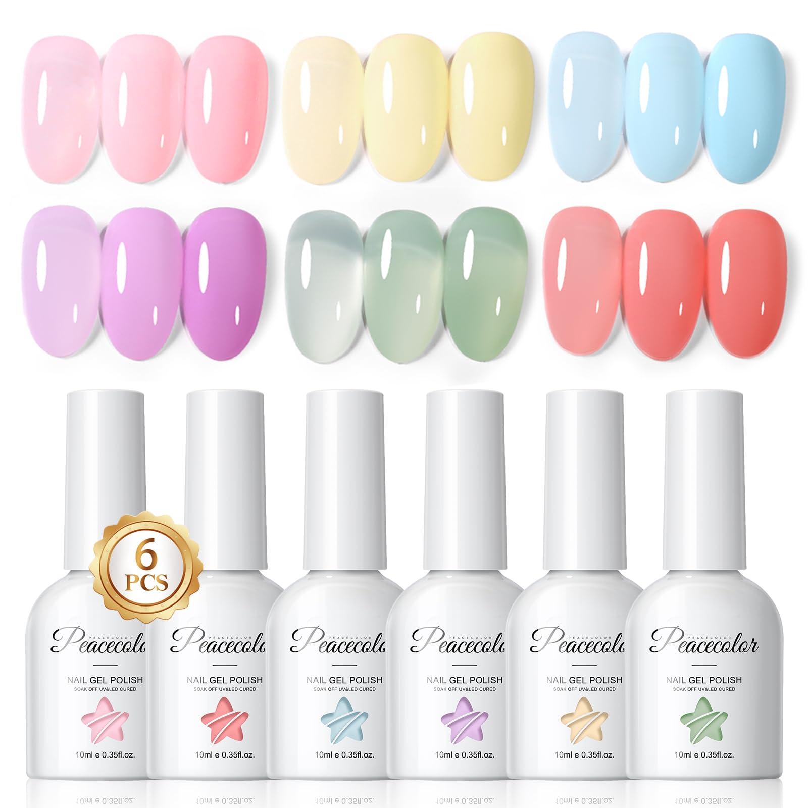 PEACECOLOR front packaging showing six pastel jelly gel bottles for variety