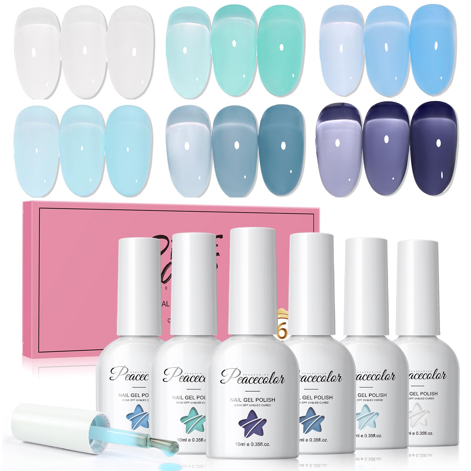 PEACECOLOR front packaging showing six blue jelly gel bottles vibrant presentation