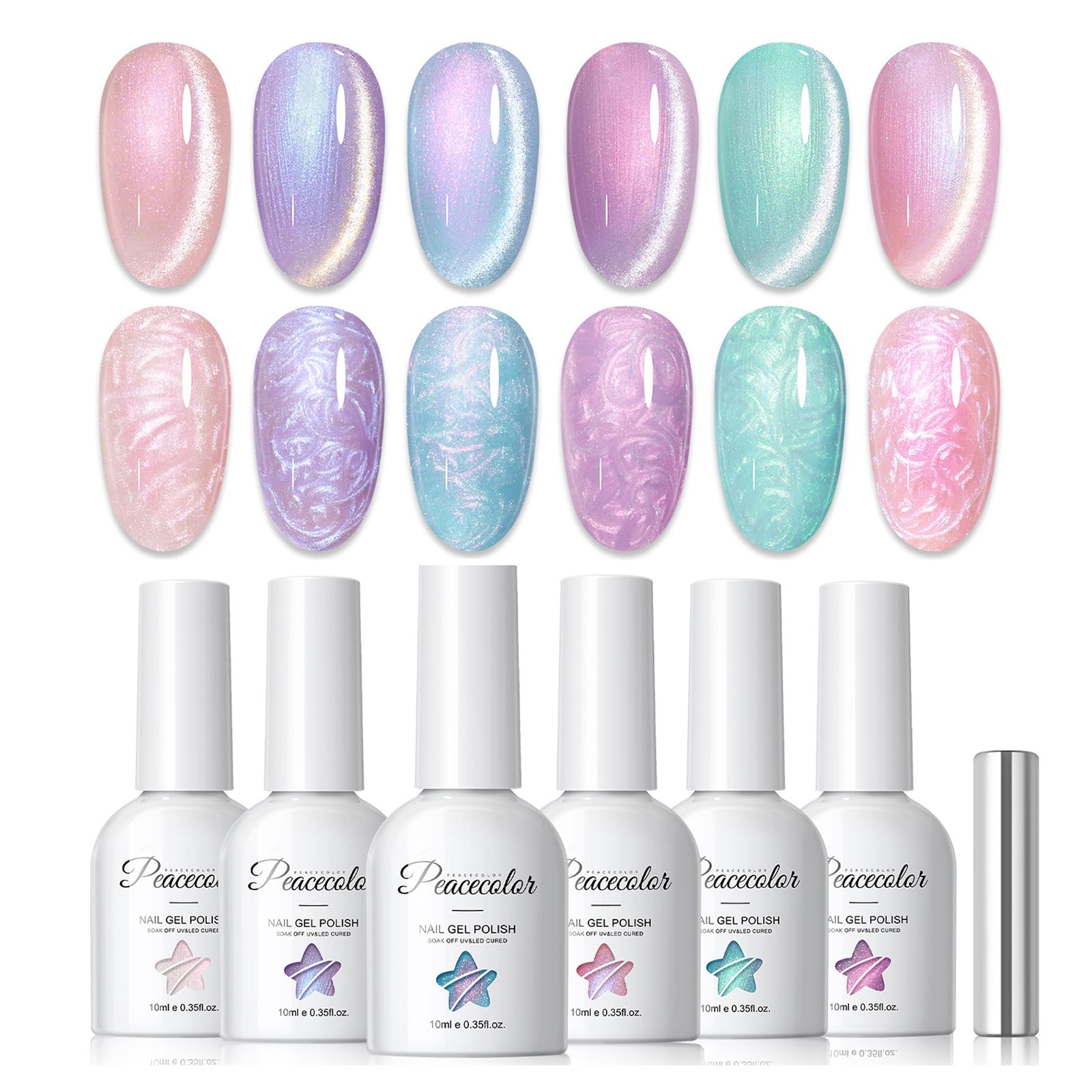 PEACECOLOR front packaging showing six cat eye gel polish shades and magnet for versatile looks