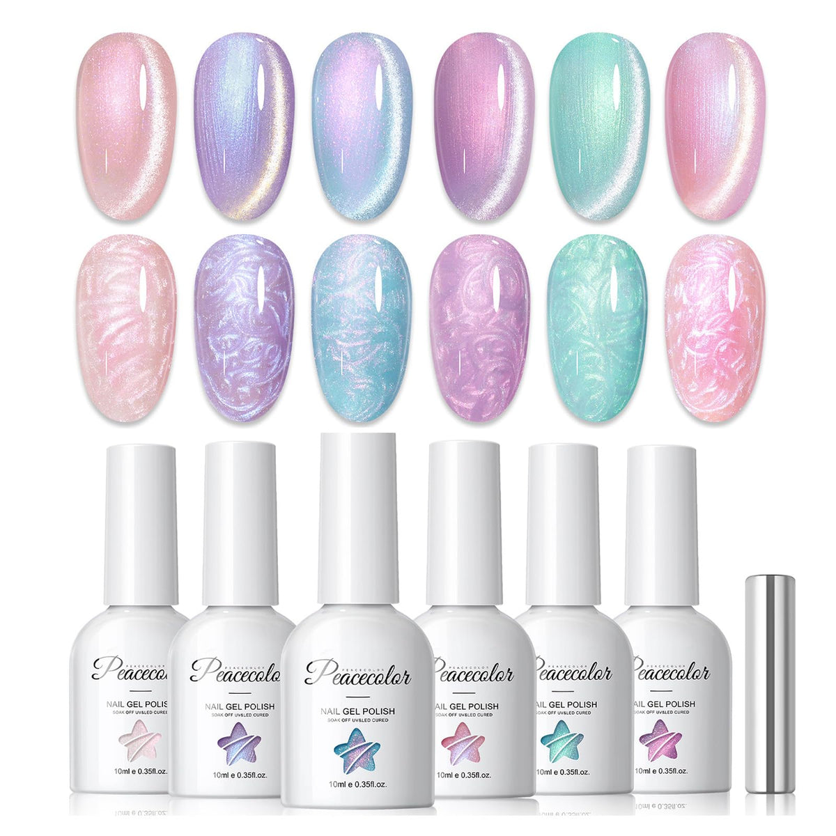 PEACECOLOR front packaging showing six cat eye gel polish shades and magnet for versatile looks