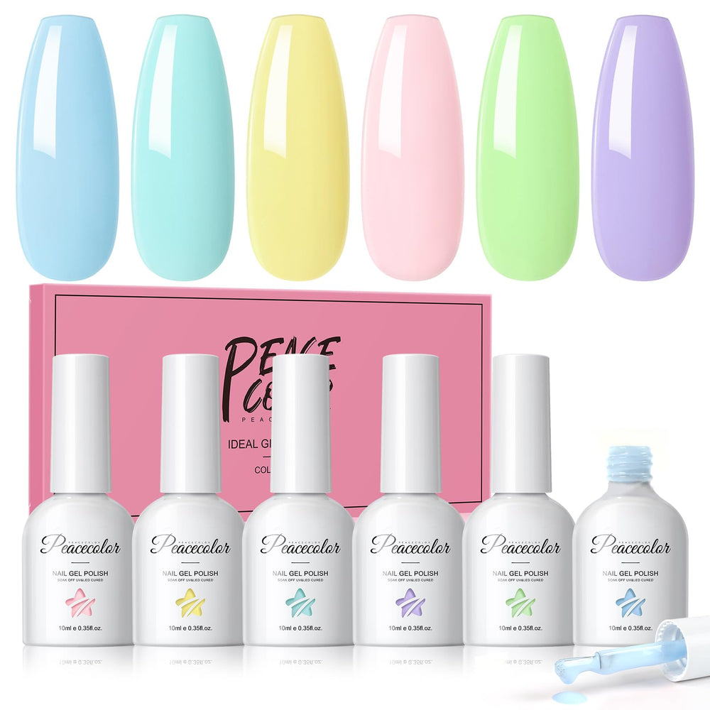 PEACECOLOR front packaging showing six pastel gel bottles and benefits