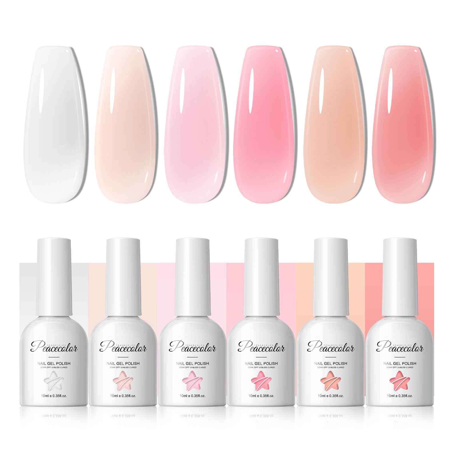 PEACECOLOR front view of six jelly gel bottles showing color range and convenience