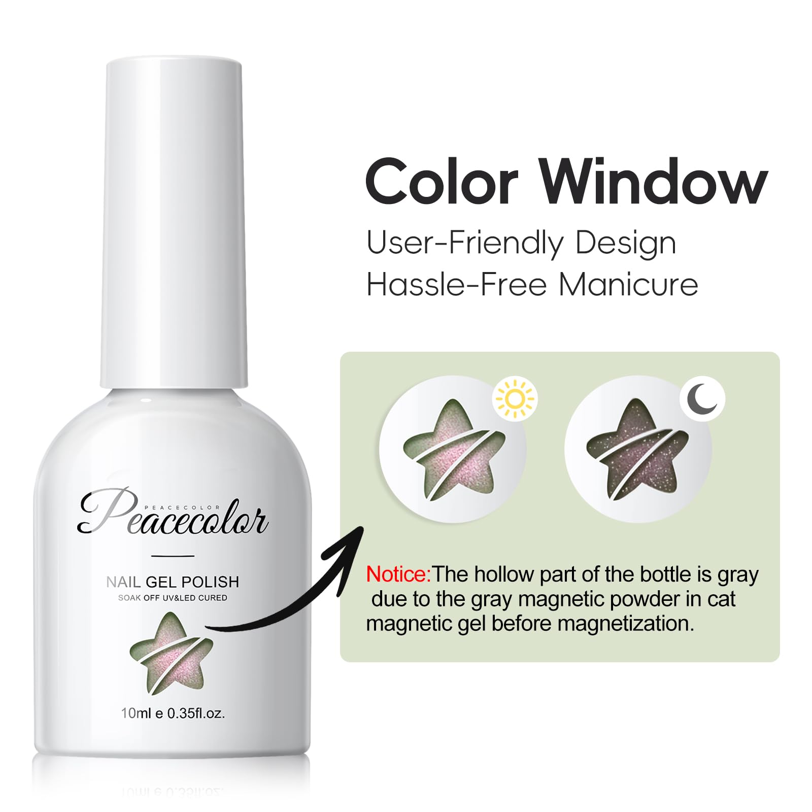 PEACECOLOR bottle beside a hand showing scale and generous 10ml capacity benefit