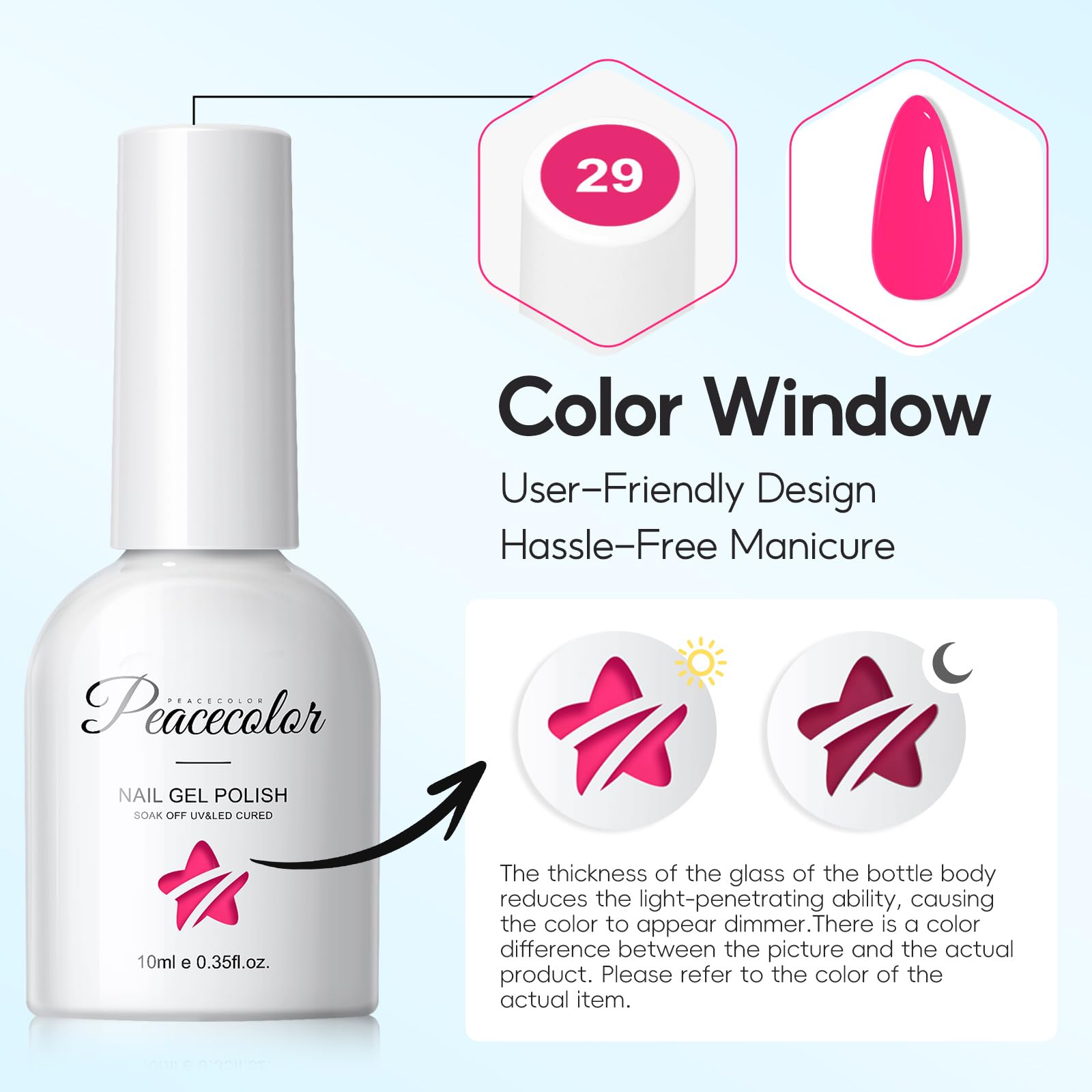 PEACECOLOR scale comparison on hand showing 10ml bottle size for travel-friendly use