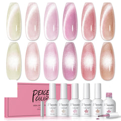 PEACECOLOR six bottle set front display showing cohesive spring shades and salon-ready colors