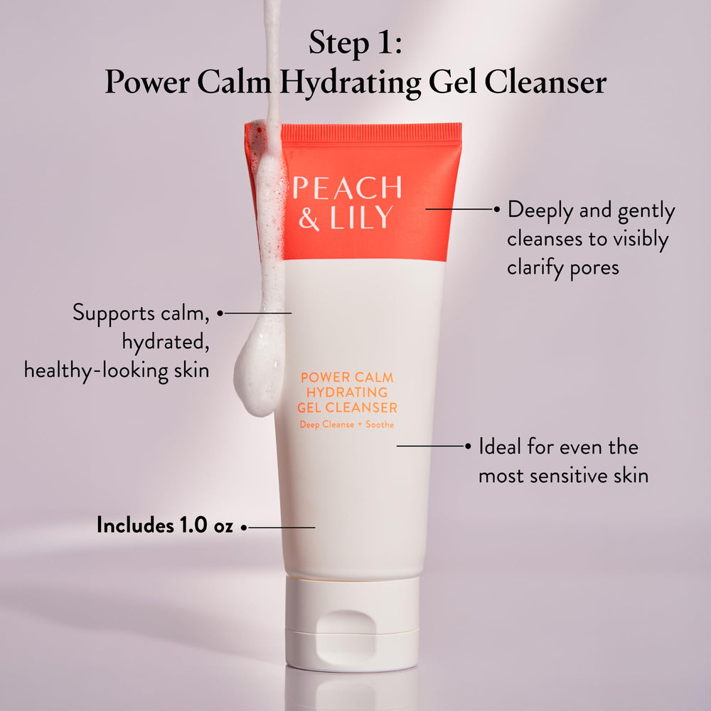 Peach & Lily essence droplet closeup showing hydrating, fast-absorbing formula