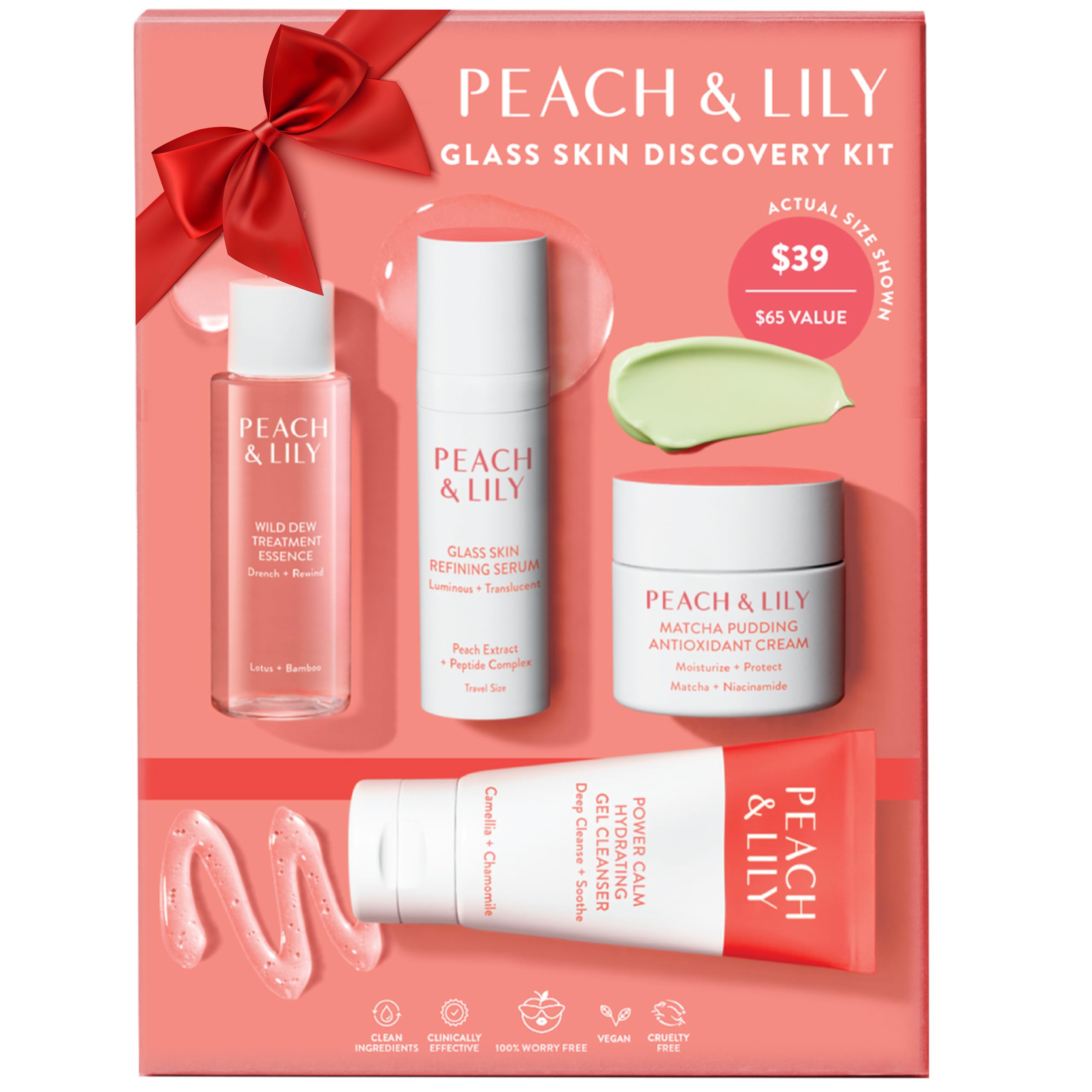 Peach & Lily kit flatlay showing four travel-size products for easy travel