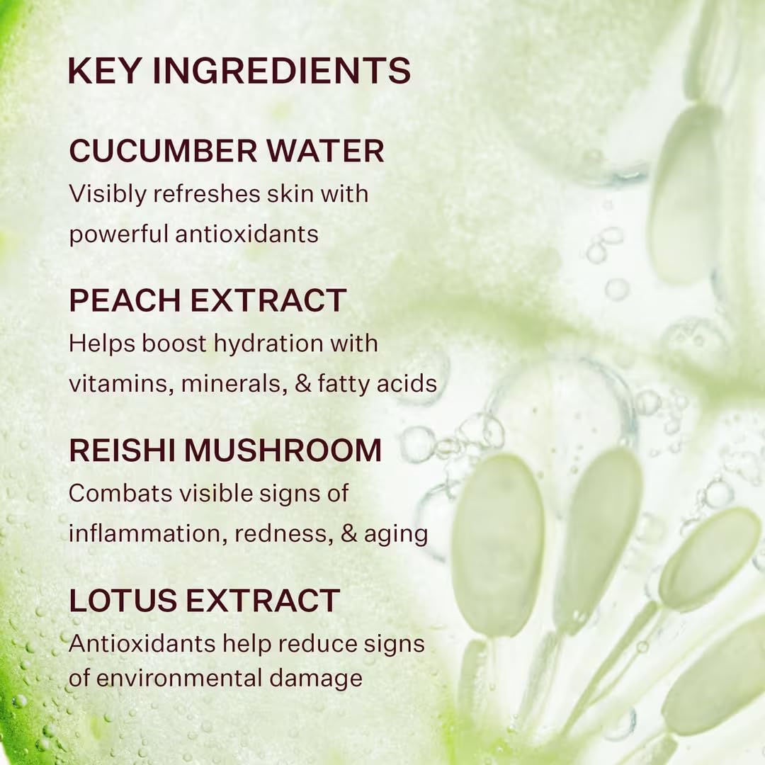 Peach & Lily bottle beside makeup items showing boost and finish benefits