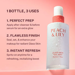 Peach & Lily spritzing over foundation to revive and set makeup with glow