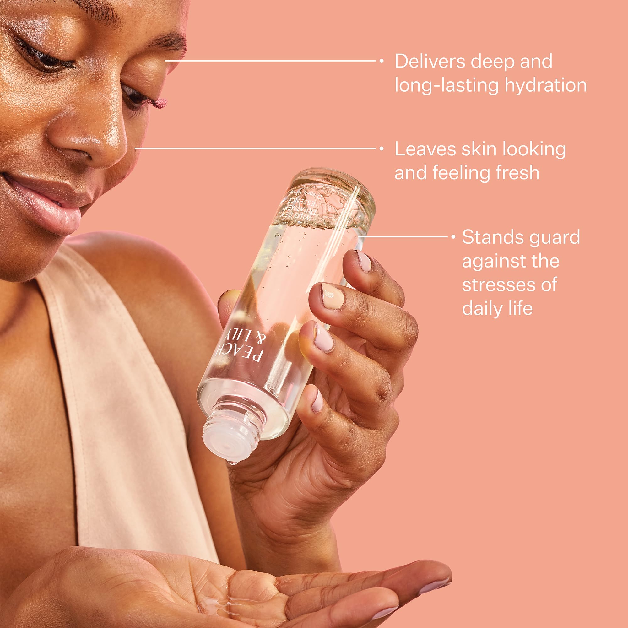 Peach & Lily essence pouring drop illustrating lightweight hydration delivery
