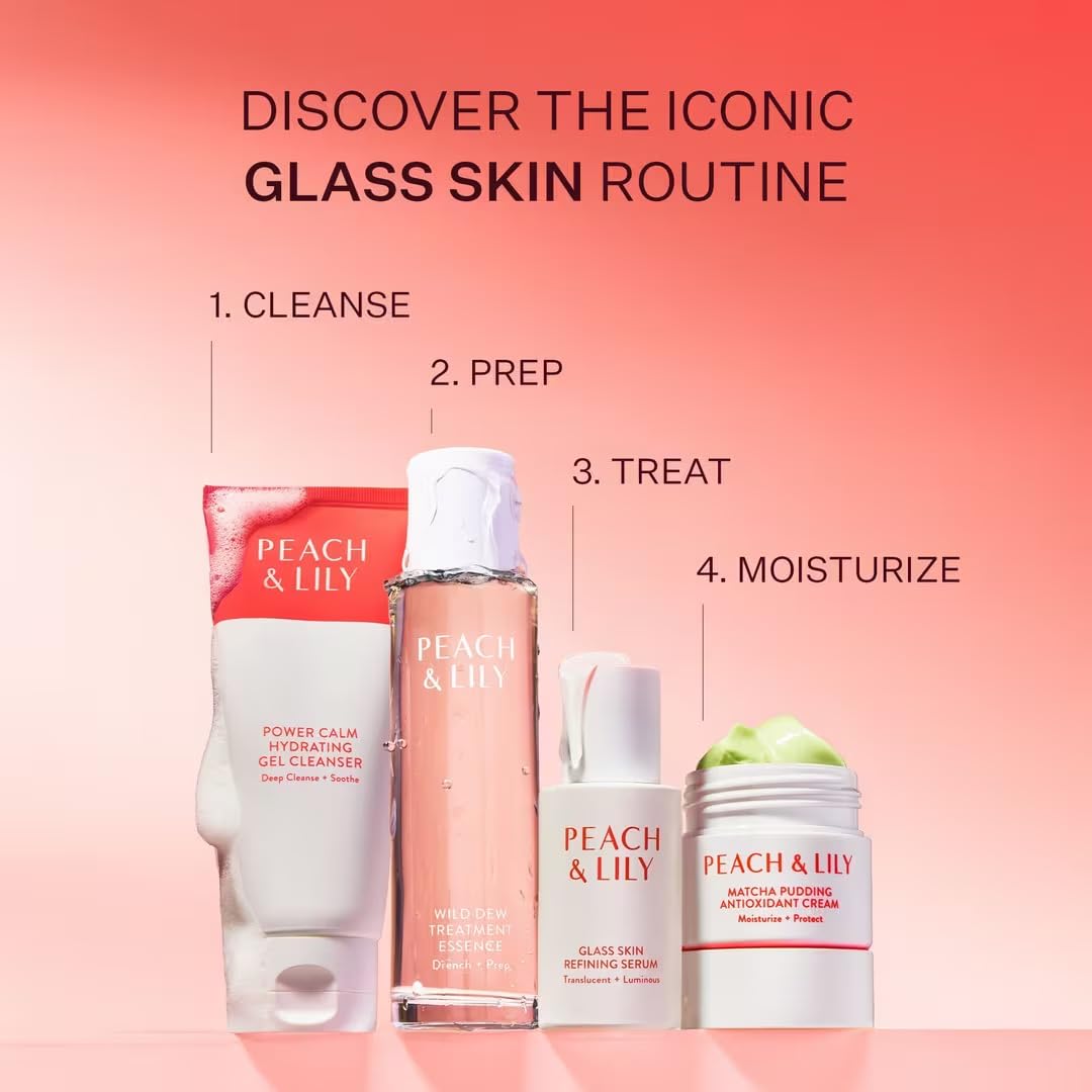 Peach & Lily routine flatlay with essence among cleanser and moisturizer for prep