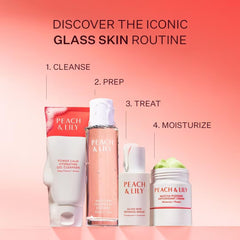 Peach & Lily routine flatlay with essence among cleanser and moisturizer for prep