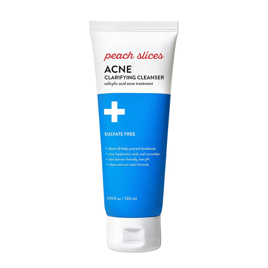 Peach Slices front bottle showing acne cleanser and clear benefits