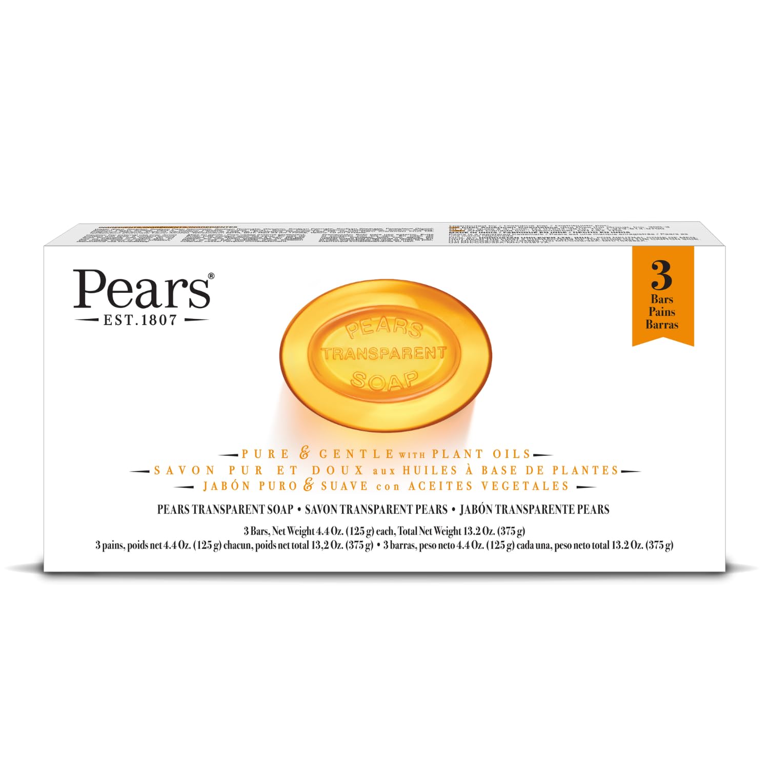 Pears front packaging showing three amber glycerin bars and benefits