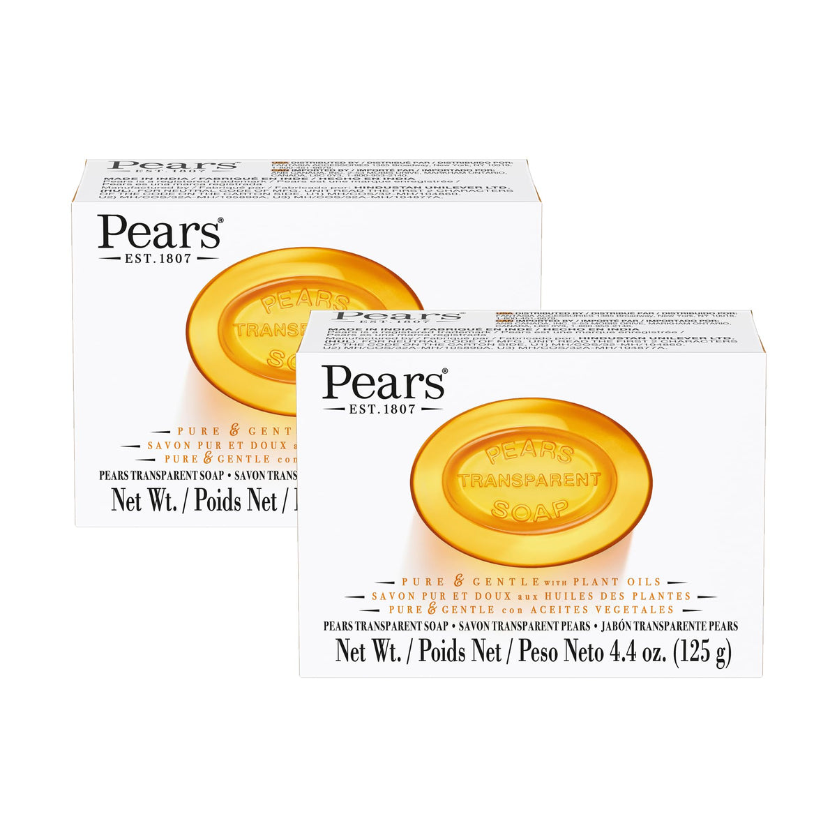 Pears amber front packaging showing two glycerin bars and clear branding for gentle cleansing