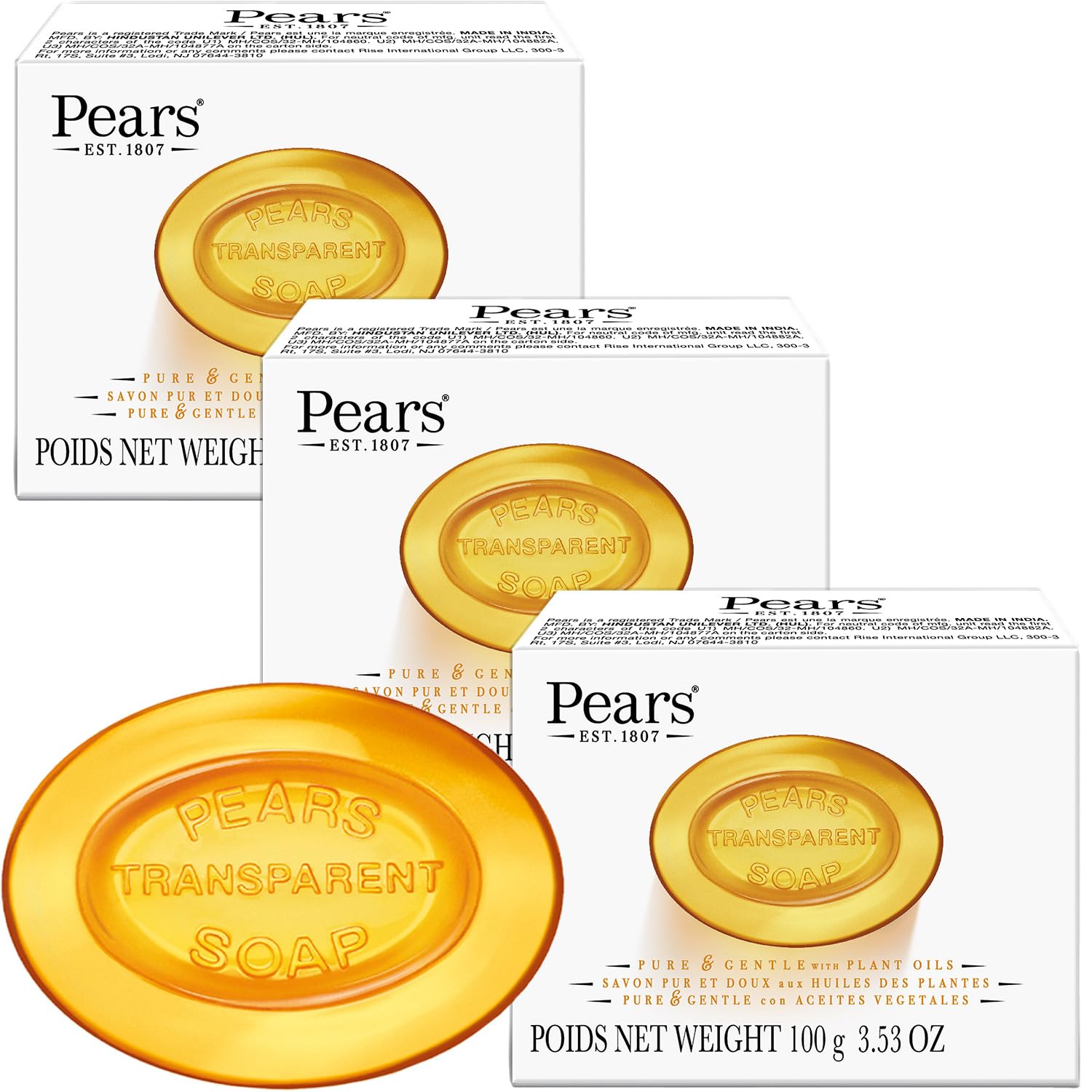Pears front packaging 3-pack shows amber bars and benefits