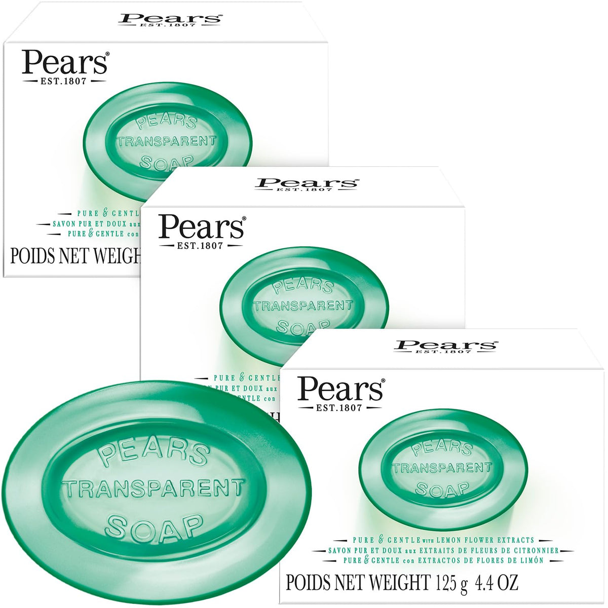 Pears soap front packaging showing lemon flower scent and benefit of gentle cleanse
