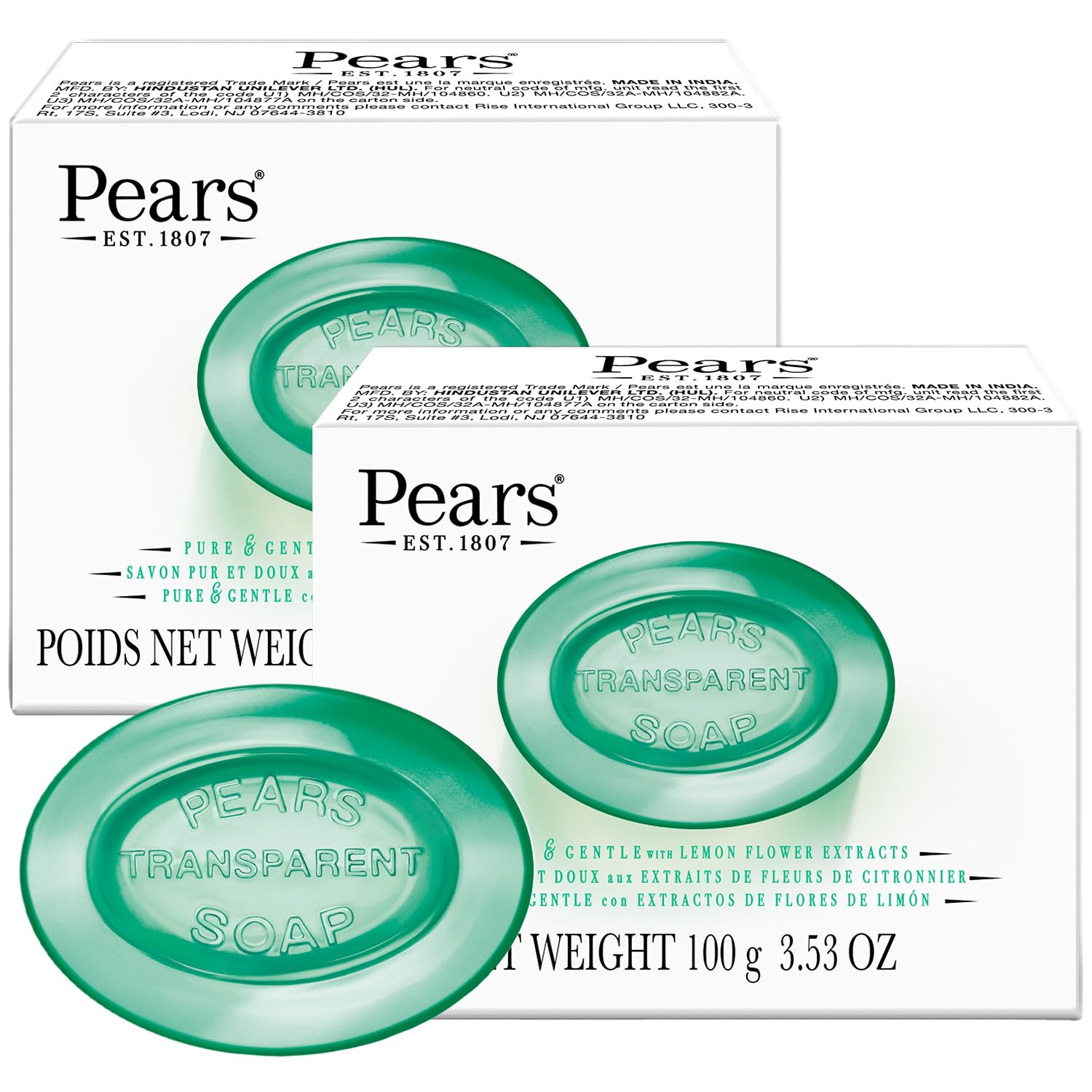 Pears front packaging showing lemon flower scent and 2-pack benefit