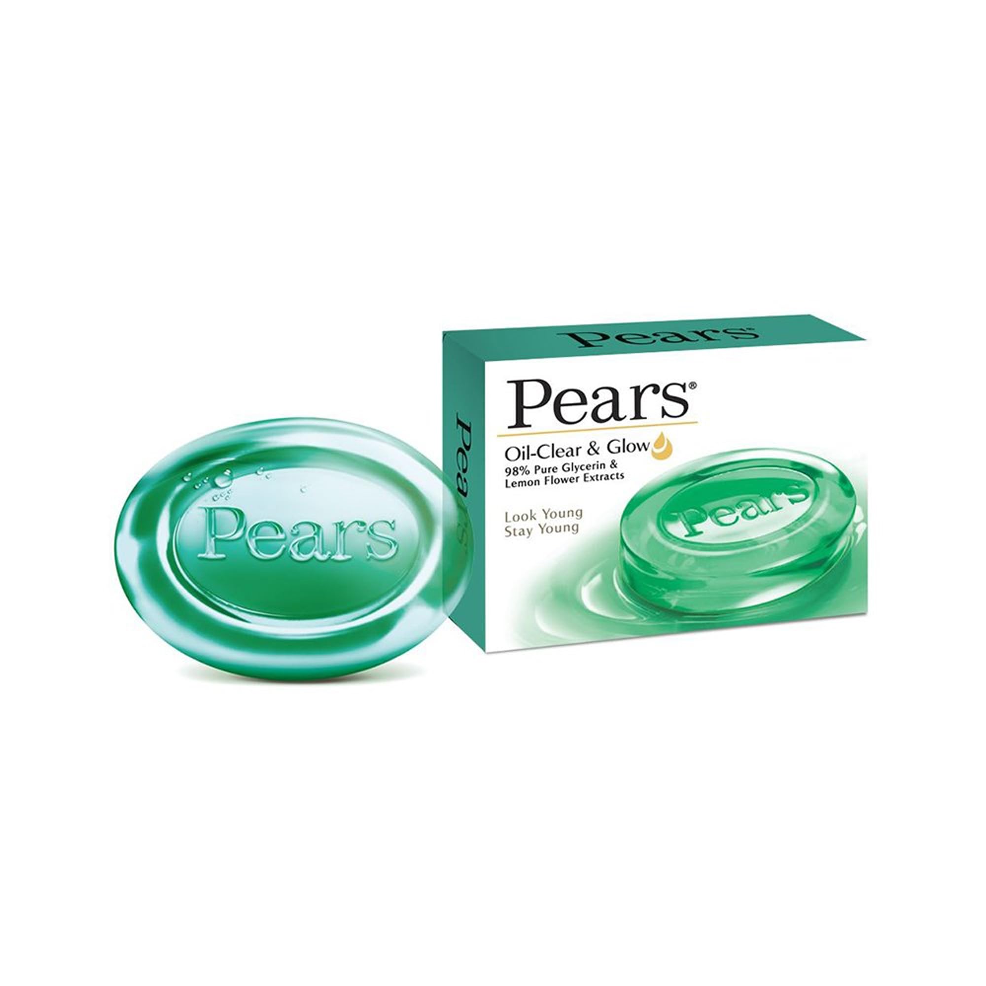 Pears single bar close-up showing transparent glycerin texture and clarity benefit