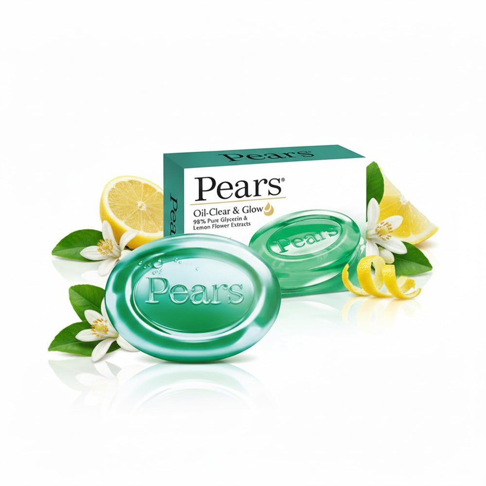 Pears size comparison with hand illustrating compact 75g bar and travel-ready benefit