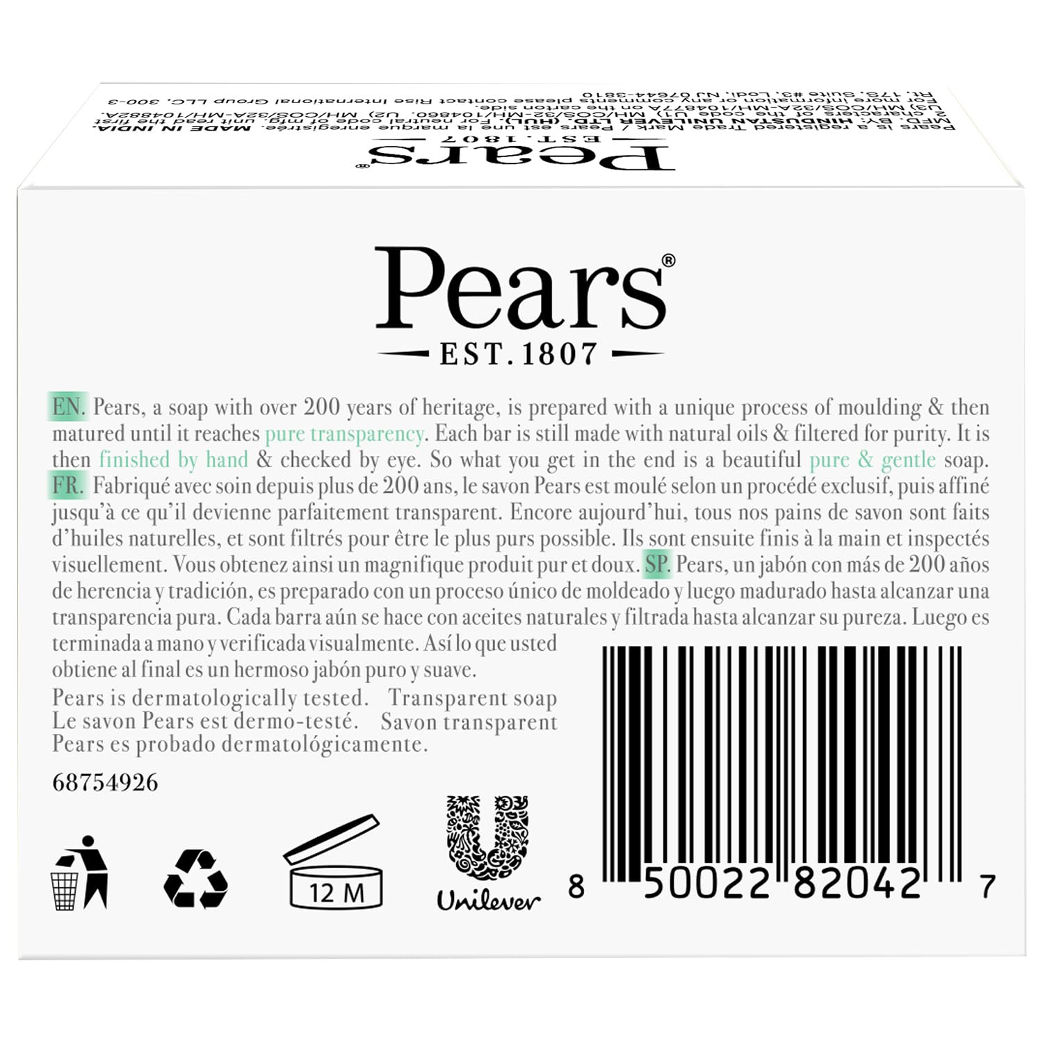 Close-up of Pears translucent soap bar highlighting glycerin clarity