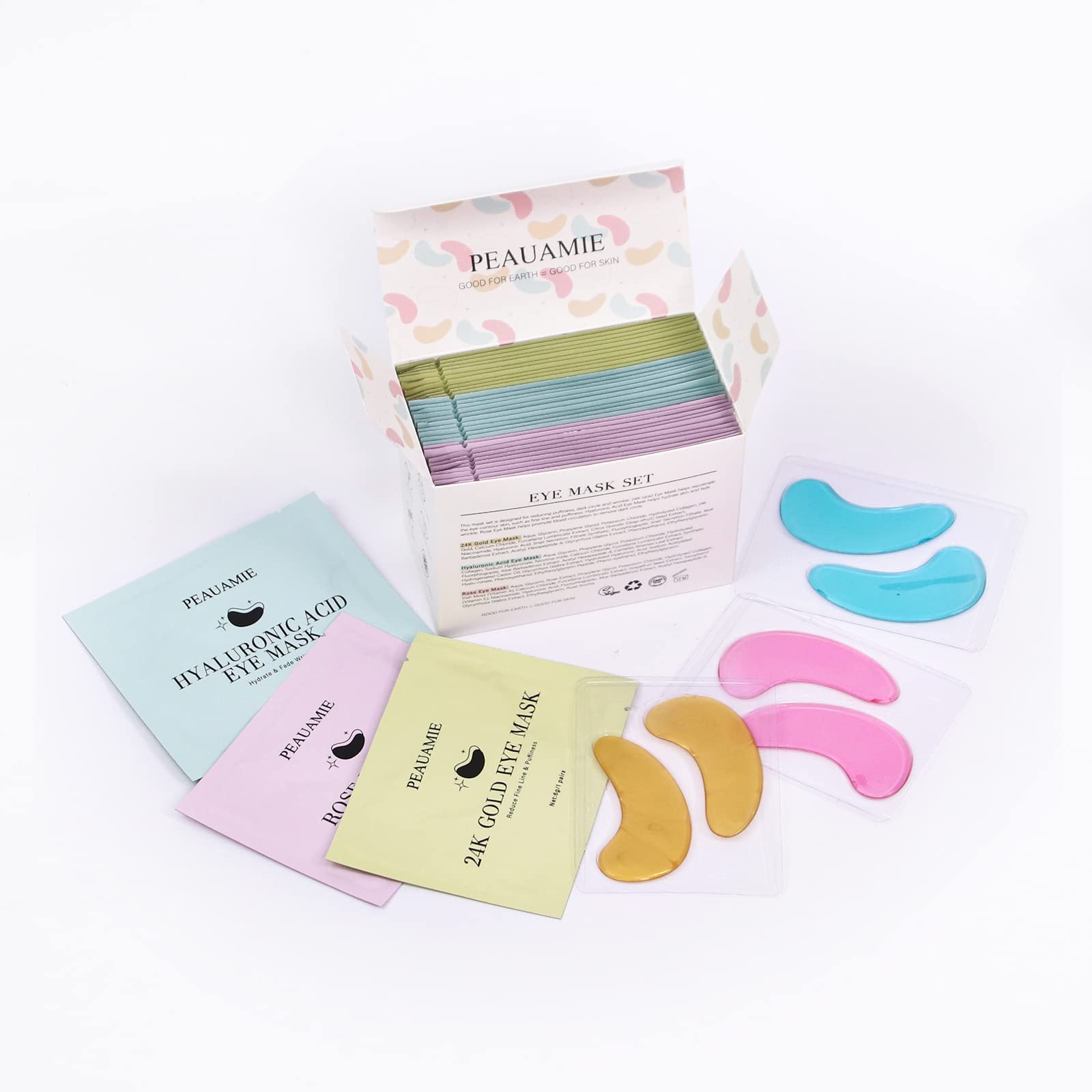 PEAUAMIE patches staged on a vanity for calm skincare routine