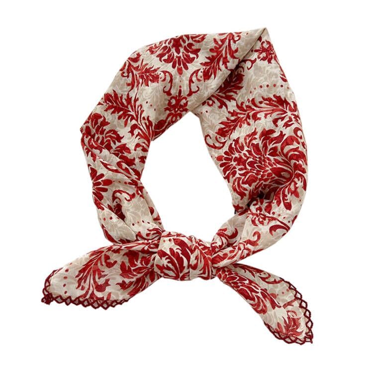 Pemilosci front view of folded bandana showing vine-red pattern and neat finish, versatile styling